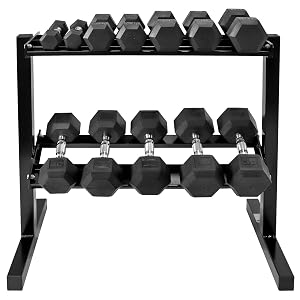 WF Athletic Supply Rubber Coated Hex Dumbbell Set with Two Tier Premium Storage Rack Built for Strength Building
