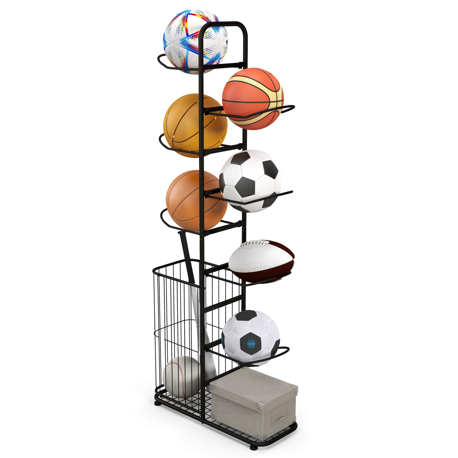 GOPLUS Estante para Pelotas de 7 Niveles, Soporte Vertical Independiente con Cesta Lateral y Barras Colgantes Extraíbles, Organizador de Equipos Deportivos para Baloncesto Fútbol Voleibol Rugby