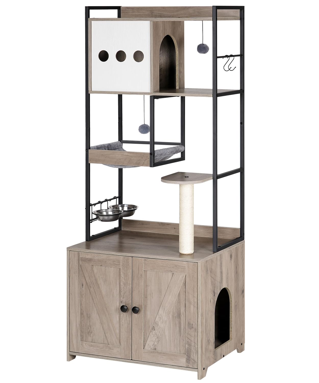 HOOBRO Cat Tree with Litter Box Enclosure, 58.7" H Cat Tower with Hidden Litter Box Furniture, with Scratching Post, Step, Hammock, Multifunctional Pet Furniture with Food Bowls, Greige BG30MZ03G1