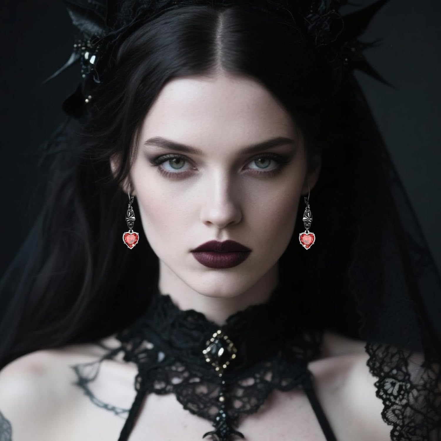 Gothic Red Crystal Earrings for Women Black Rose Bat Skeleton Heart Dangle Drop Leverback Vampirecore Dark Aesthetic Jewelry - Image 4