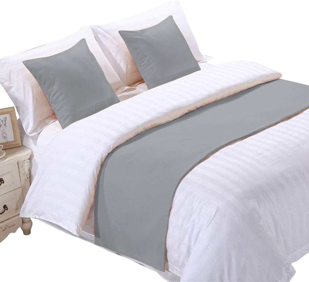 Solid 3 Piece Bed Runner with 2 Pillow Shams Solid Scarf Protector Slipcover Bed Decorative Scarf for Bedroom Hotel Wedding Room (Queen, Silver)