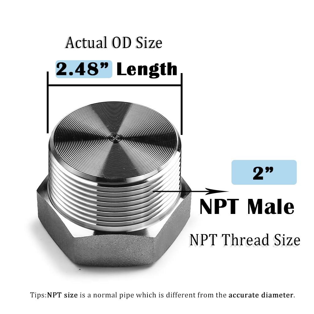 Quickun Raccordo per tubo in acciaio inossidabile 304 da 5,1 cm NPT maschio con filettatura esagonale (confezione da 1)