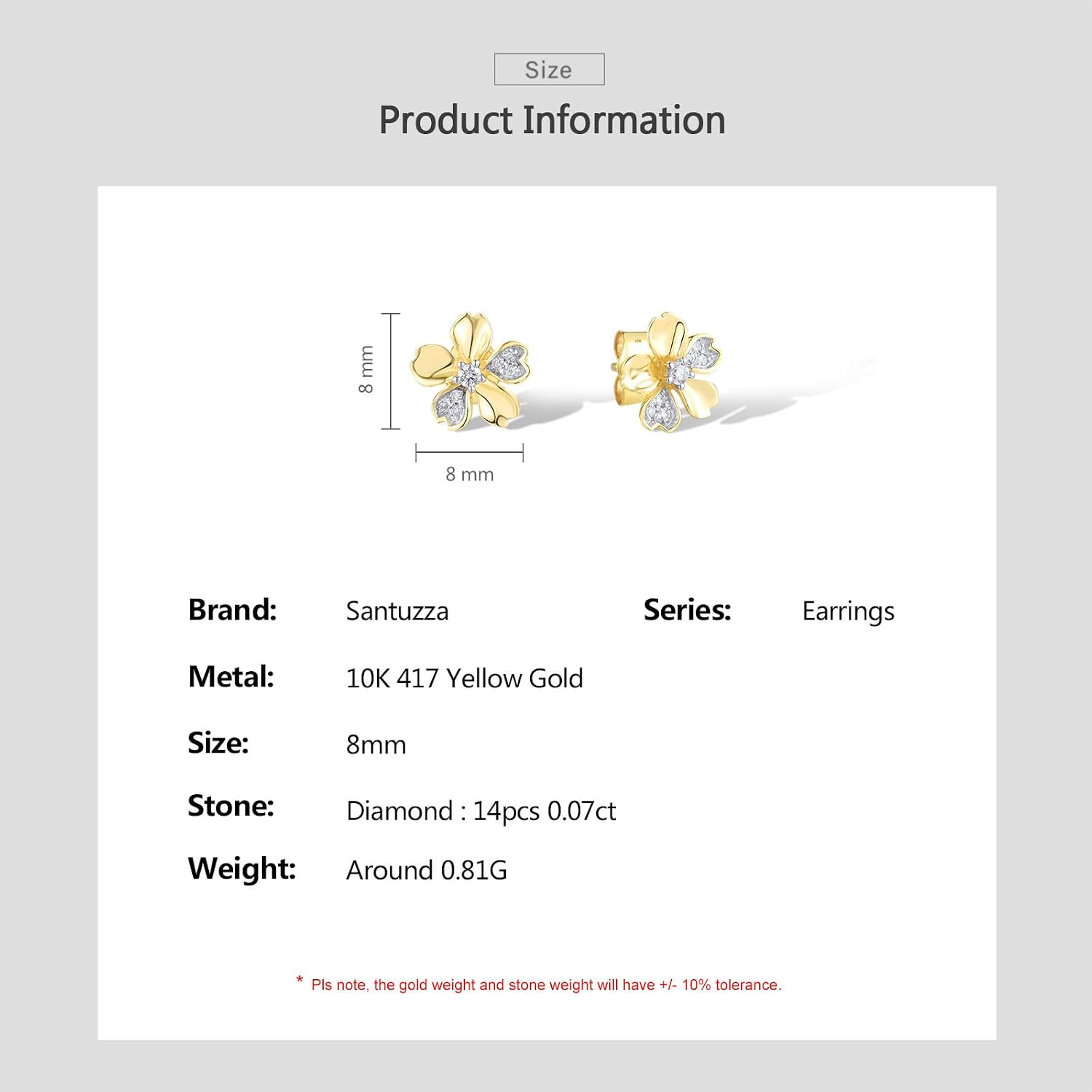 Santuzza 10K Solid Gold Genuine Diamond Dainty Stud Earrings for Women