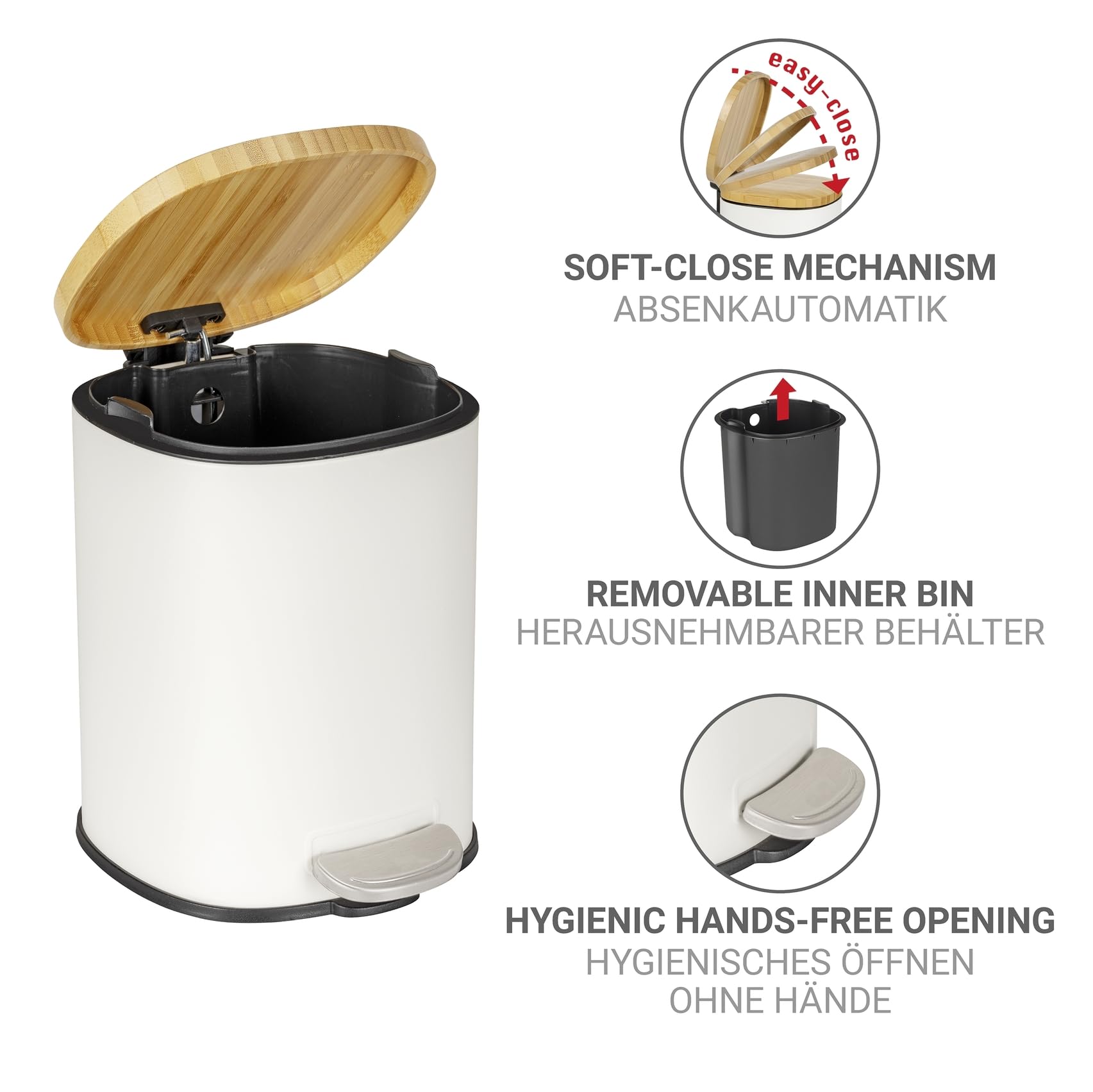 WENKO Poubelle à pédale Mod Fianema seau cosmétique 3L blanc Easy-Close avec couvercle en bambou métal plastique 17 x 23,5 x 21 cm noir naturel