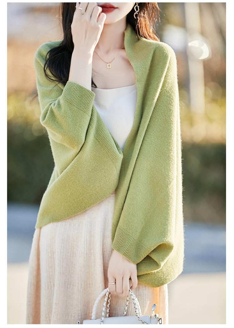Cárdigan Lana Merino para Mujer con Frente Abierto, Mangas Murciélago, Cuello Alto, Color Liso, Corto, Punto, Chaqueta Punto Suave Y Ligera para Primavera, Verano, Oficina, Uso Diario, I