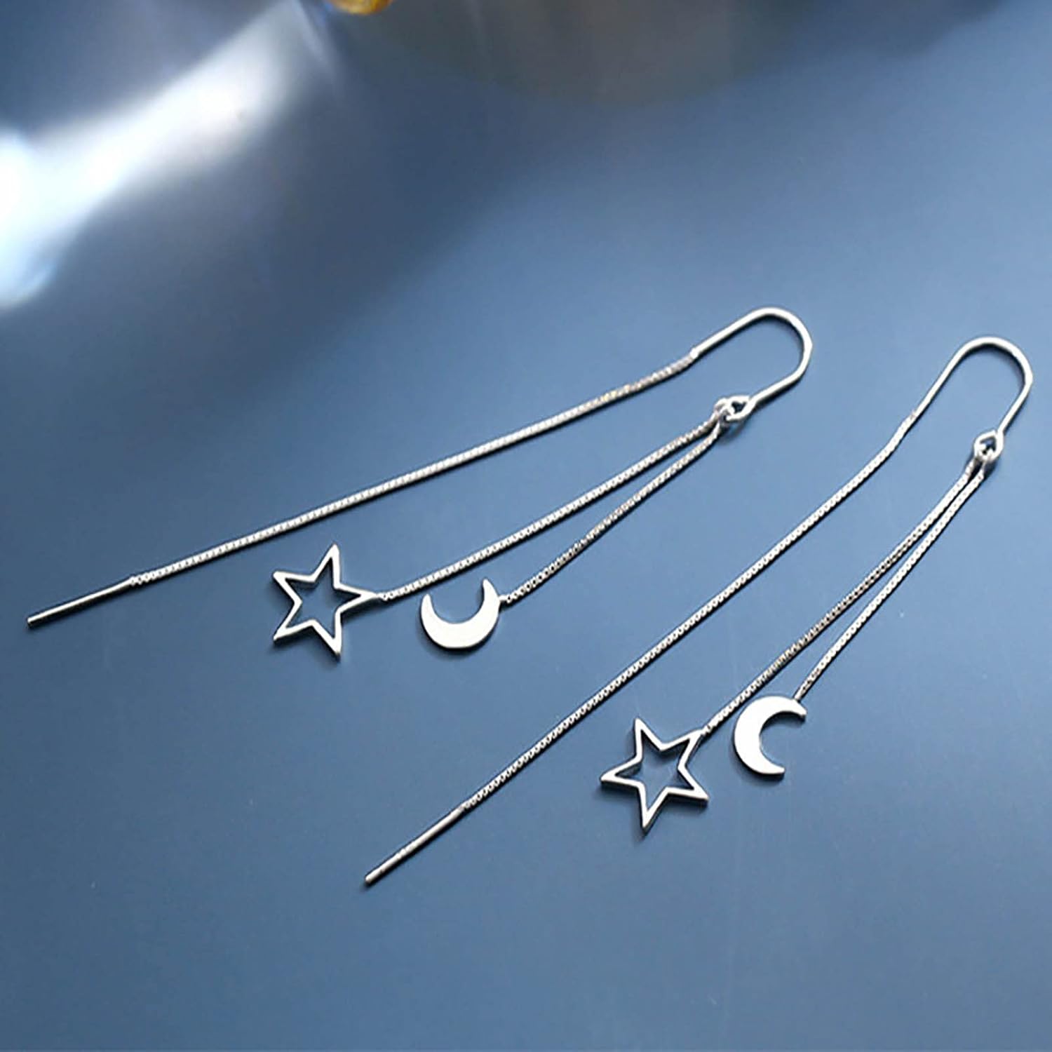 Boho Wedding Dainty Tiny Moon Threader Earrings Silver Hollow Small Star Pull Through Earrings Thread Long Chain Tassel Dangle Stud Cute Simple Line Bar Chain Drop Delicate Minimalist Jewelry Women - Image 4
