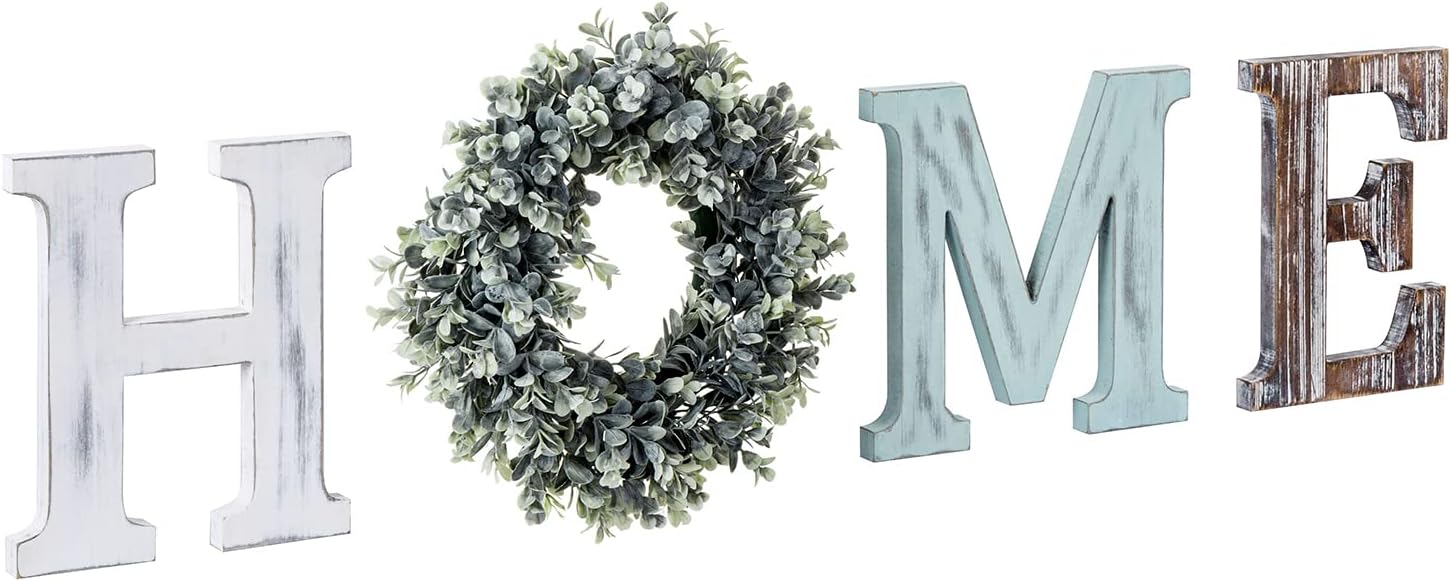 MyGift Rustic Wood HOME Wall Sign with Artificial Boxwood Wreath - Farmhouse Country Decor Letters