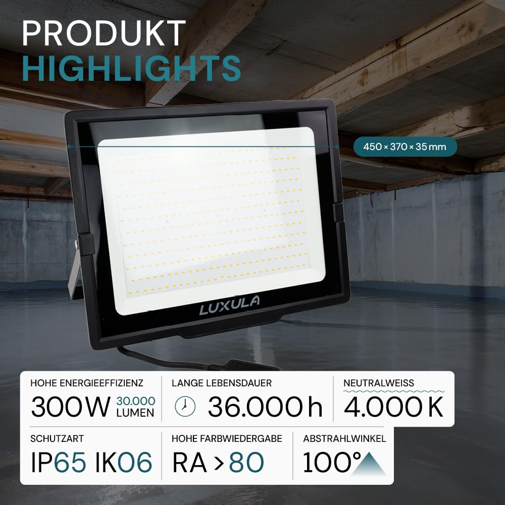 LUXULA LED Strahler Außen, 300W, 4000K Neutralweiß, 30000lm, IP65 wasserdicht, Außenstrahler Fluter, Aussenleuchte Scheinwerfer, LED Außenbeleuchtung für Garten, Einfahrt, Garage, Terrasse, Schwarz