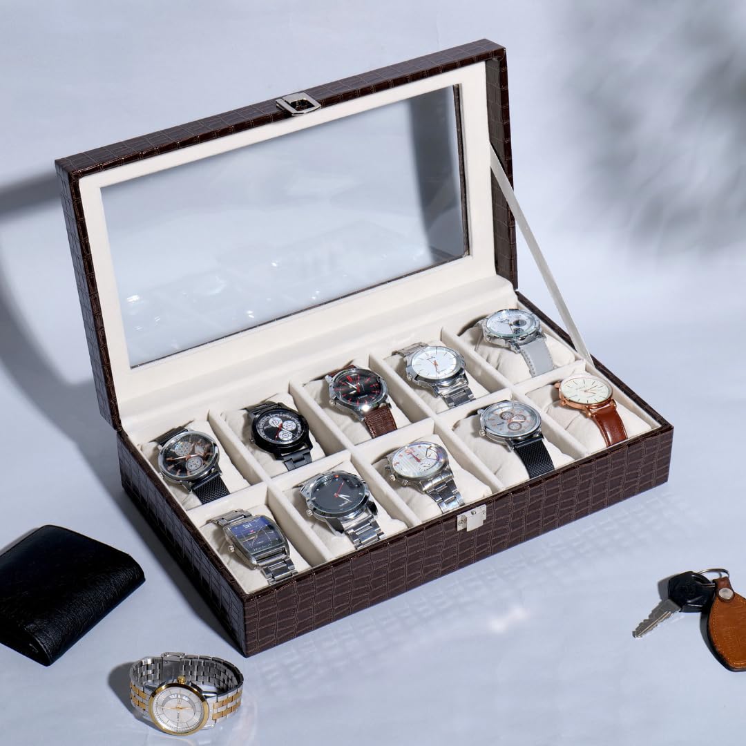 La Trove Leatherette 10 Slot Watch Organiser Display Box Case | Unisex Gift organizer Boxes for watches, bracelet with Glass Top (Black, 36 x 20 x 8.5 cm) (B08G89K18G) Amazon Price History, Amazon Price Tracker