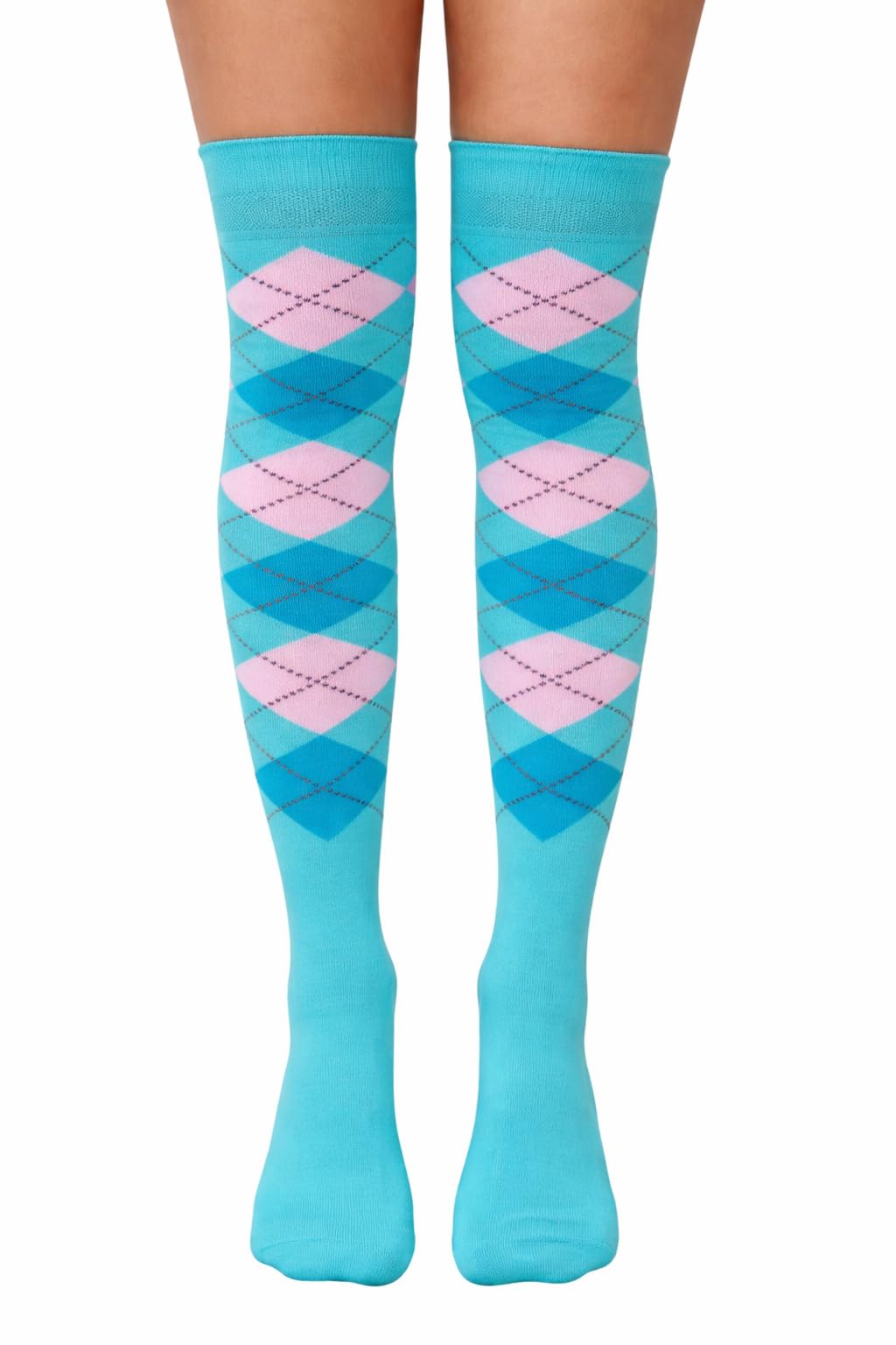 Nujake Girls Turquoise Pink & Blue Striped Over The Knee Socks Fancy Dress Up Themed Cosplay Christmas & Halloween Uk Size 4-5.5 (Turquoise Pink & Blue)