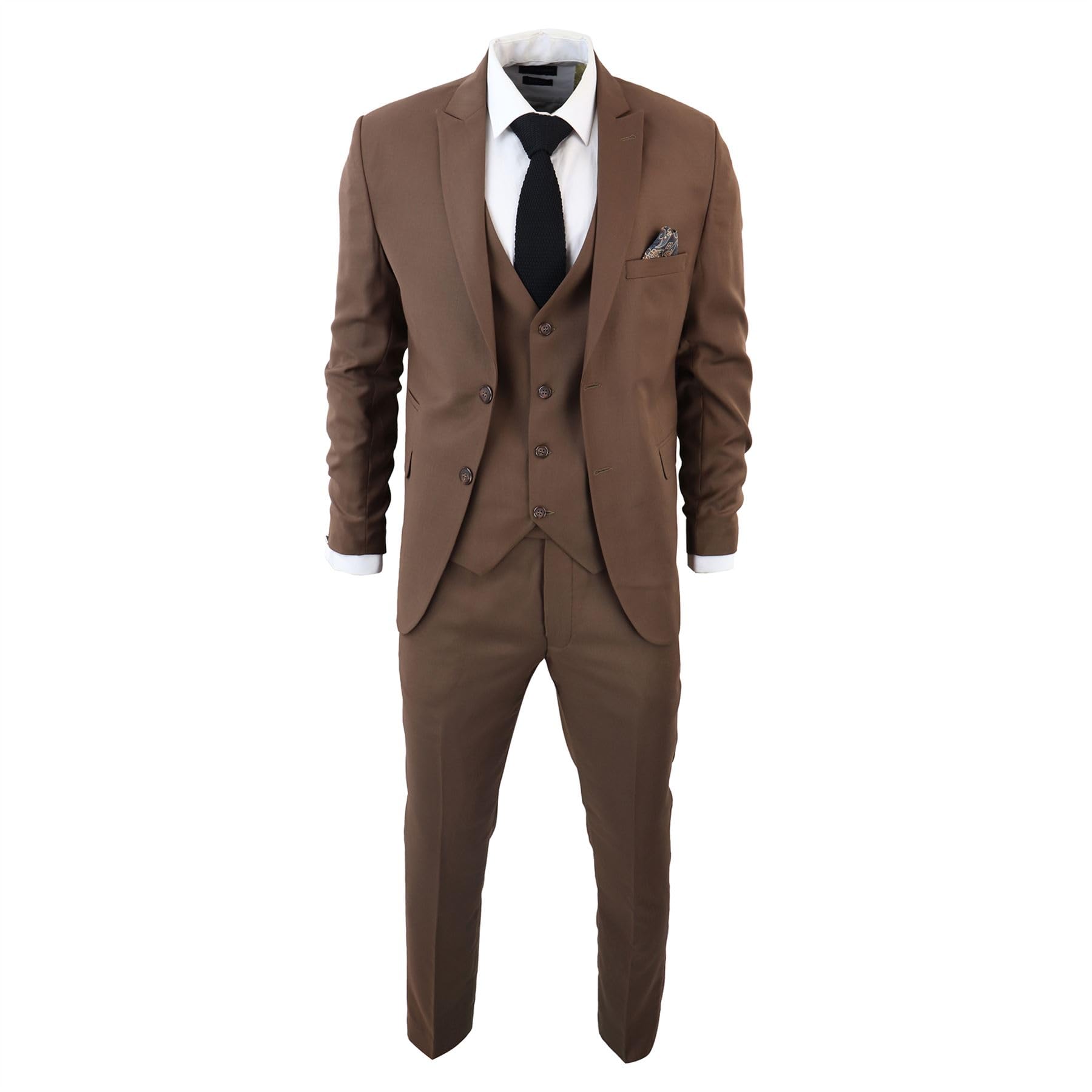 Men's Classic Brown Suit 3 Piece Tailored Fit Vintage Office Wedding Prom - Brown 40