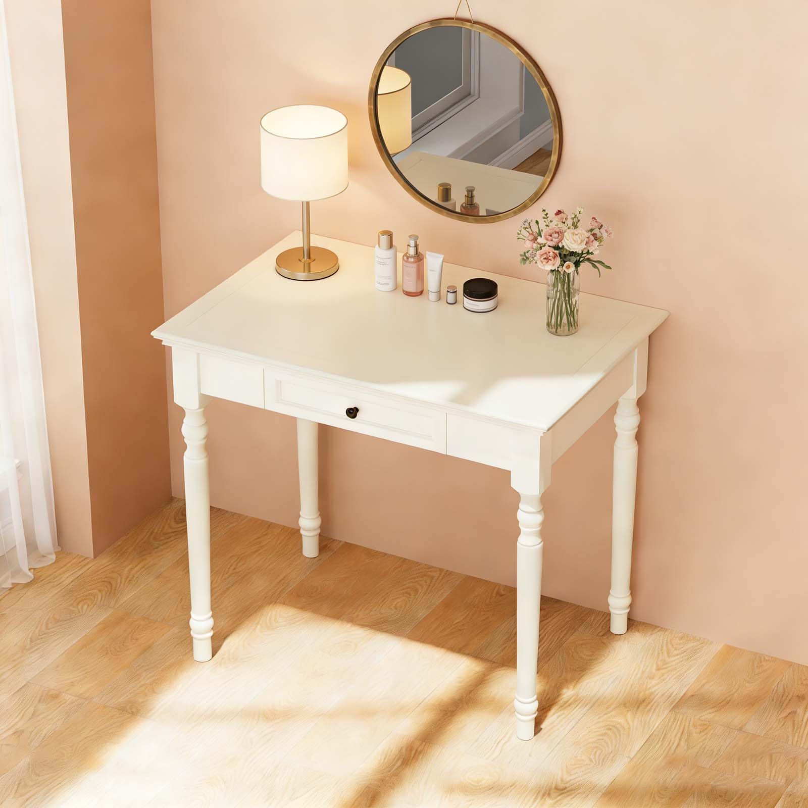 Vsdpve 35” White Solid Wood Writing Desk with Drawers, Farmhouse Computer Desk with File Storage, Ideal for Home Office, Bedroom, or Study Room