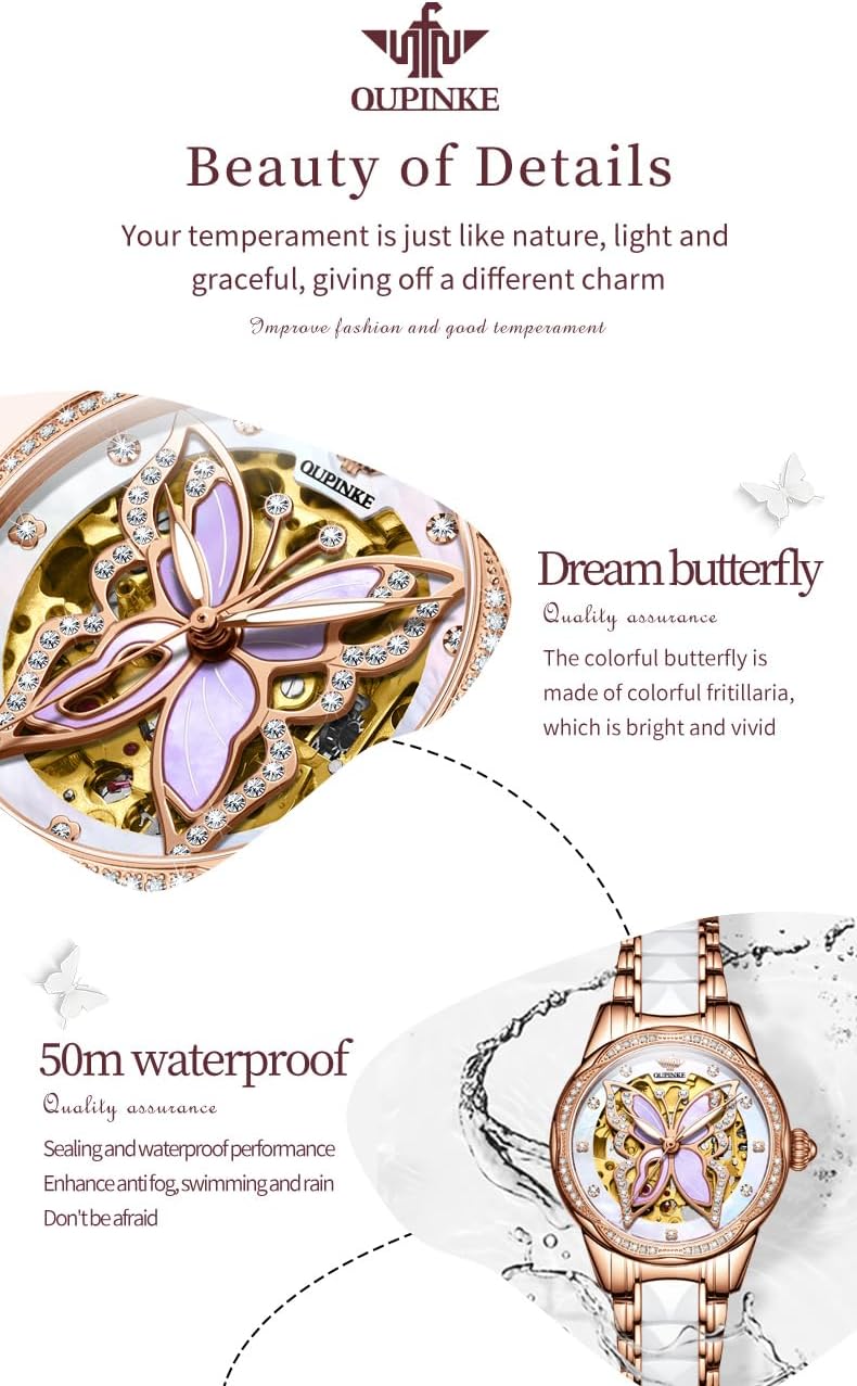 OLEVS Automatic Watch for Women Luxury Diamond Rose Gold Ladies Self Winding Mechanical Ceramic Wrist Watch Love Heart Date - Image 5