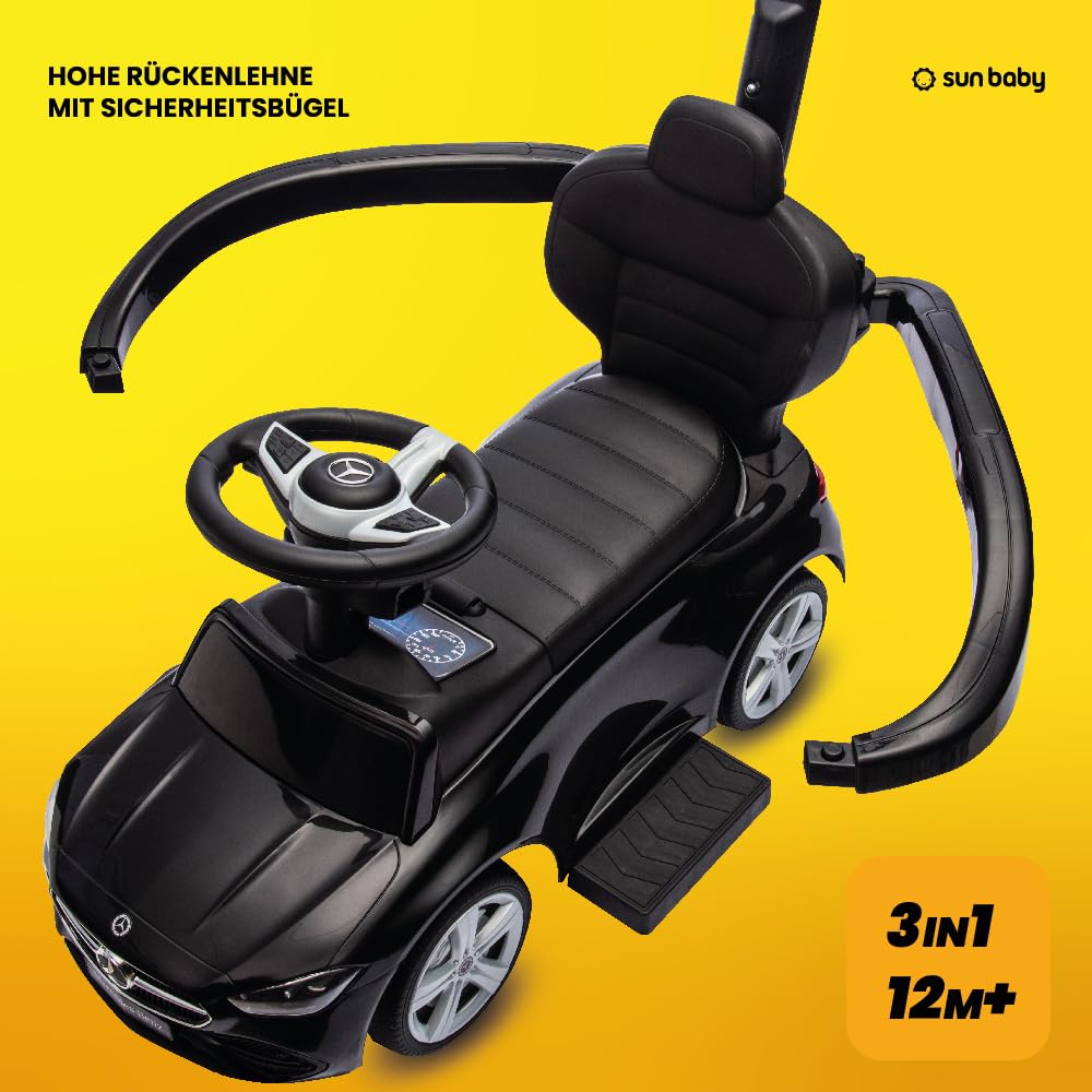 sun baby Rutschauto ab 1 Jahr Mercedes C-Class, Kinderfahrzeug für Jungen und Mädchen mit hohe Rückenlehne, Audio-Lenkrad, ausziehbare Fußstützen, Staufach (Schwarz)