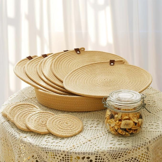 Image of Cotton Rope Placemat Set with Coasters and Holder 6 Pieces Round Woven Table | Mats Natural Beige Heat Resistant | Dining Table Decor | Durable Washable Kitchen Accessories