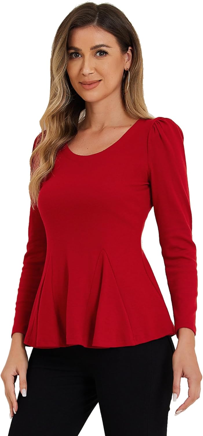 Allegra K Women's Long Sleeves Scoop Neck Casual Peplum Shirt Tops