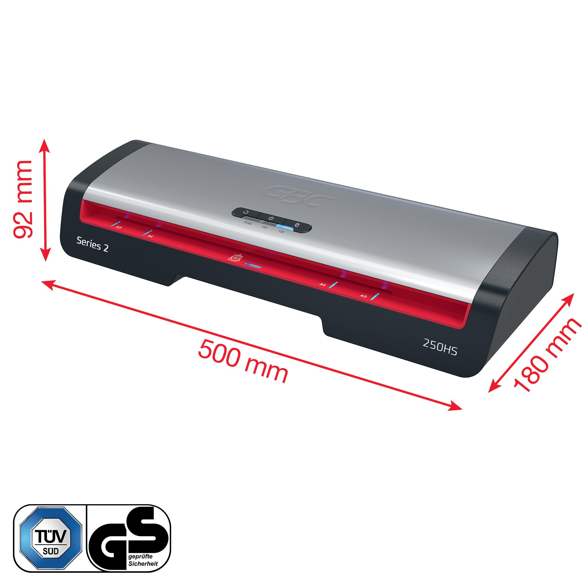 GBC 250HS Office A3 Laminiergerät - High Speed Laminieren, schnelle Aufwärmzeit von 1 Min, 75-125 Mikron, Anti-Stau, Auto-Abschaltung, inkl. 5x A4-Laminierfolien, Schwarz/Rot, 4410071EU