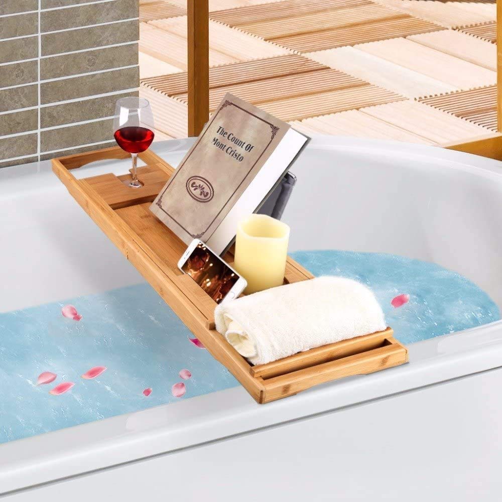 Bandeja De Bambú para Bañera con Características 12 En 1, Incluye Asa Antideslizante, Jabonera, Soporte para Copa De Vino, Estantería, Estante De Madera Y Bandeja para Bañera