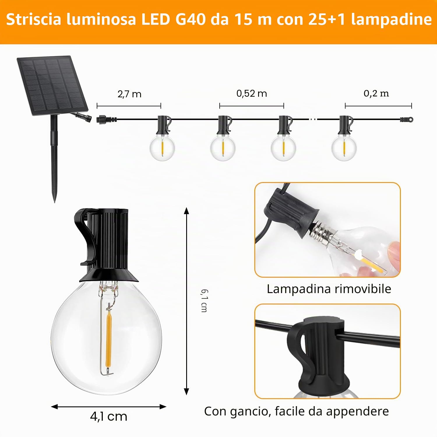 GreHom Catena Luminosa Esterno, 25+1 G40 LED, 15M/50FT, IP65 Impermeabile Luci da Esterno Giardino, USB o Carico Luci Solari Esterno, 8 Modalità, Decorazioni Giardino, Festa, Matrimoni, Gazebo