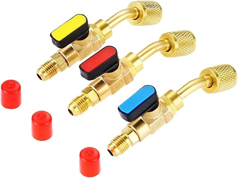 Air Conditioning Refrigerant Ball Valve 1/4 SAE, Brass HVAC Angled Shut-Off Ball Valve Adapter for Mini Split System, Low Loss Fittings HVAC for R410A R134A R12 R22 R502 A/C Systems
