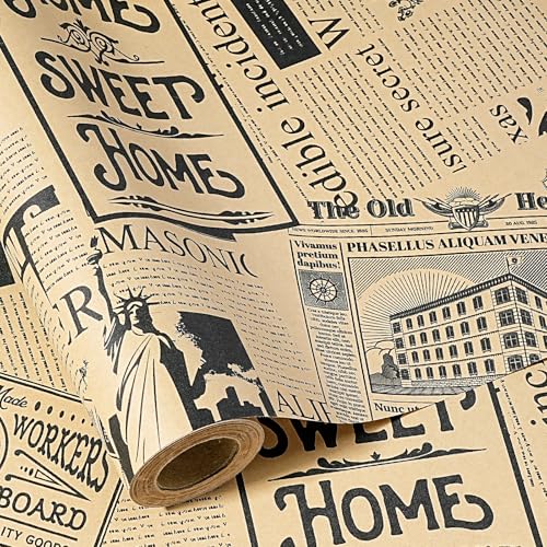 RUSPEPA Kraft Vintage Newspaper Wrapping Paper Roll, Mini Roll, Retro HOME SWEET HOME Collage Print Kraft Gift Wrap for Friends, Housewarming Gifts, Rustic Décor, Crafts, 17 Inches x 16.4 Feet