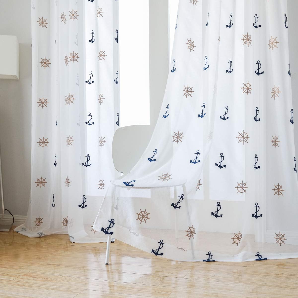 Taisier Home Window Treatments Sheer Curtains Draperies with Nautical Anchor for Living Room/Bedroom/Nursery Sliding Glass Door Ring Top Process๏ผ52" Wร63" L,2 Panels Set