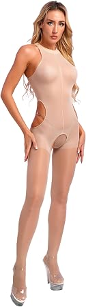 ACSUSS Women Oil Shiny Glossy Bodystocking Tights Cutout Open Croch Catsuit Sheer Bodysuit