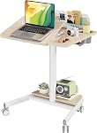 JOY worker Mobile Standing Desk with 60° Tiltable Desktop, 28" Height Adjustable Rolling Desk, DIY Pegboard & Storage Base, Portable Laptop Desk with 4 Lockable Wheels for Home Office, Oak