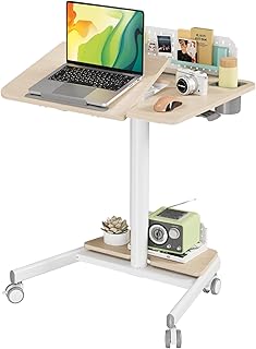 JOY worker Mobile Standing Desk with 60° Tiltable Desktop, 28" Height Adjustable Rolling Desk, DIY Pegboard & Storage Base, Portable Laptop Desk with 4 Lockable Wheels for Home Office, Oak
