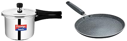 Prestige Popular Stainless Steel Outer Lid Pressure Cooker, 3 Litres, Silver & Prestige Omega Deluxe Granite Dosa Tawa, 30cm, Black