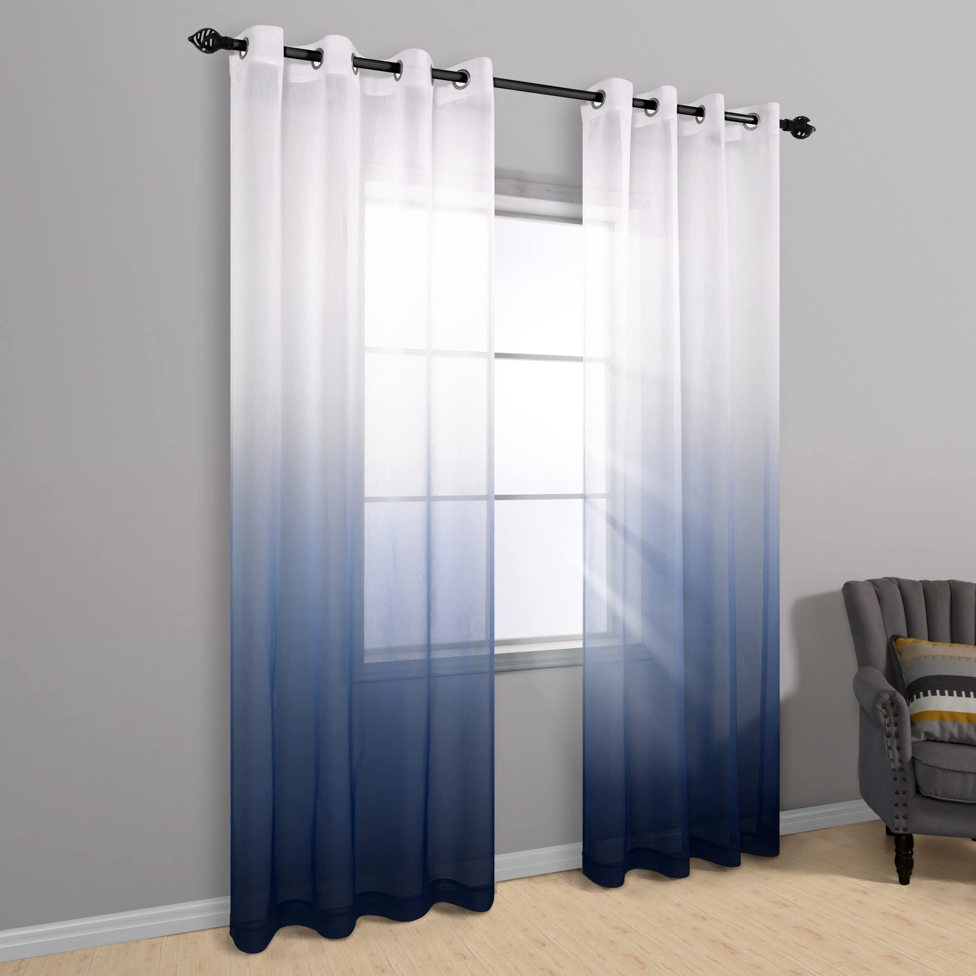 Navy Blue Curtains 84 Inch for Living Room Set of 2 Panels Grommet Window Semi Sheer Nautical Design Faux Linen Ombre Navy Curtains for Boys Bedroom Nursery Men Office Decor Deep Dark Blue and White - Image 3