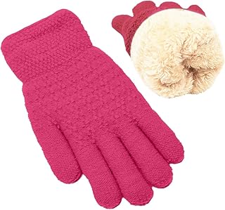 Winter Gloves for Boys Girls - Kids Warm Knit Thermal Cable Knitted Gloves Rose Red Wool Fleece Lined Mittens for Cold Weather