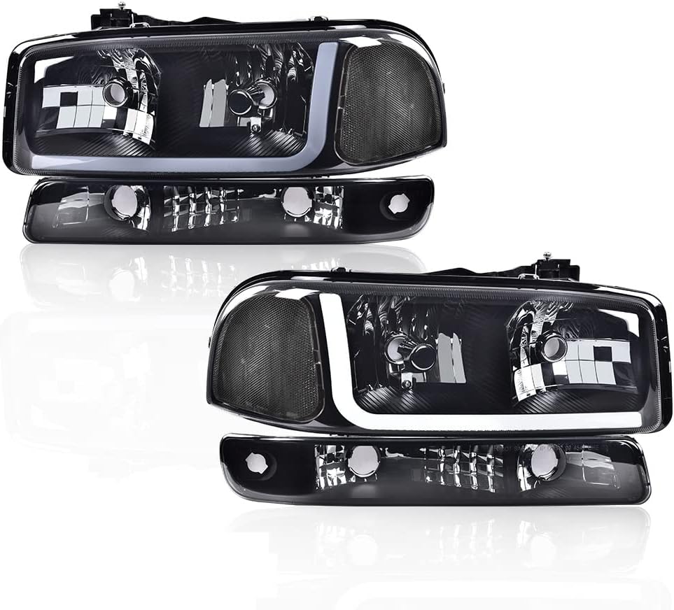 GRAND ORANGE Led Drl Headlights, Compatible with 1999-2007 Gmc Sierra 1500/ Fit 1999-2006 GMC Yukon XL 1500 2500 Black Clear Headlights W/Bumper Signal Lamps?Smoky lens Black Housing Clear Reflector?