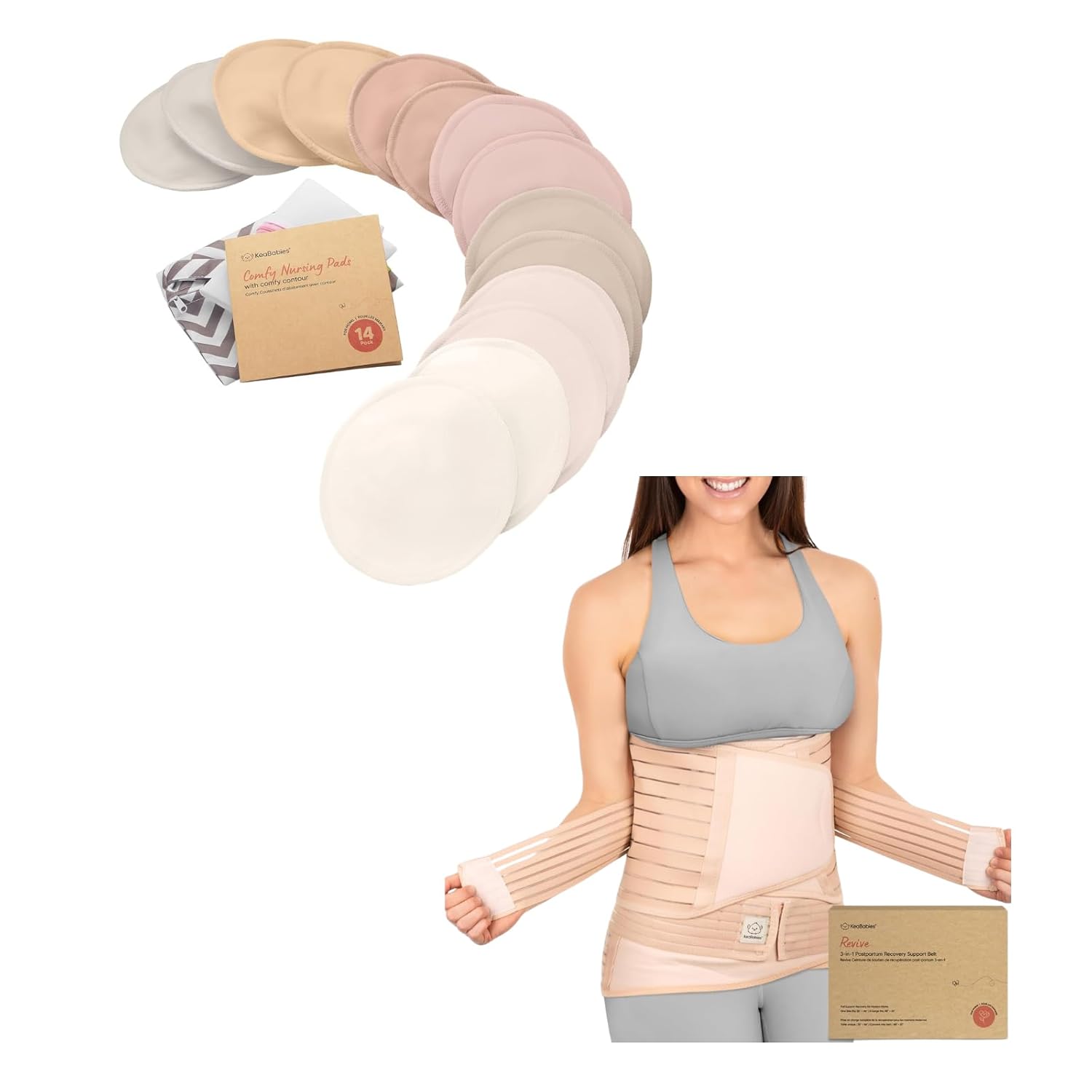 KeaBabies 14-Pack Nursing Pads and Maternity Belly Band for Pregnancy - Reusable Breast Pads for Breastfeeding - Soft & Breathable Pregnancy Belly Support Belt