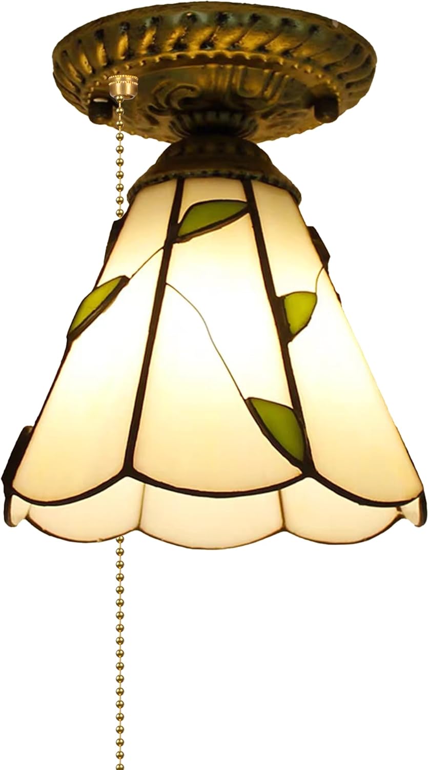 RV Vine Light with Zipper Switch 12V RV Hallway Light Fixtures, E26 E27 Green Cone Shape Stained Glass Semi Flush Mount Interior Lighting Decorative Ceiling for RV Camper