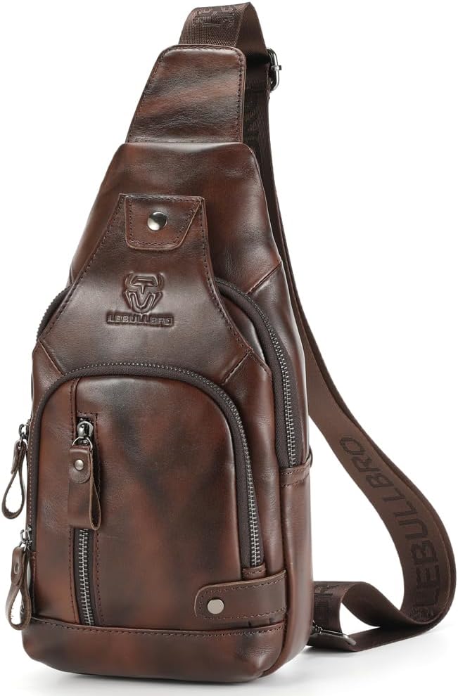 LEBULLBRO Sling Bag for Men Genuine Leather Chest Bag Crossbody Backpack Travel Hiking Outdoor Sport