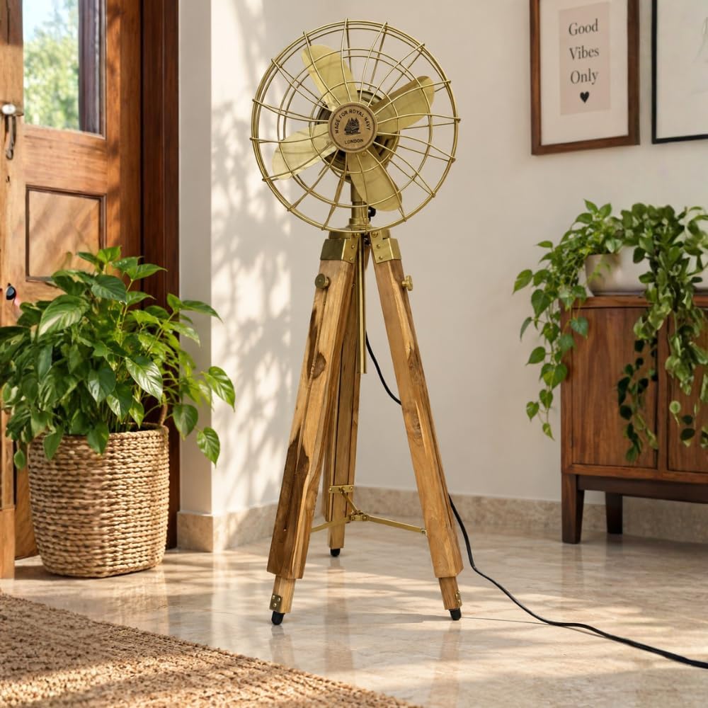 Vintage Brass Tripod Fan, Antique Gold Industrial Floor Fan, Royal Navy Style Retro Fan, Wooden Tripod Stand, Vintage Home Decor, Nautical Decor Rustic Industrial Fan Decorative Standing Fan Antique