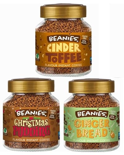 Beanies Christmas collection Flavoured Instant Coffee Variety Pack 150g (3 x 50g Jars) – Includes Christmas Pudding, Cinder Toffee & Gingerbread, Sugar Free, Vegan & Gluten Free - Seasonal Favourites