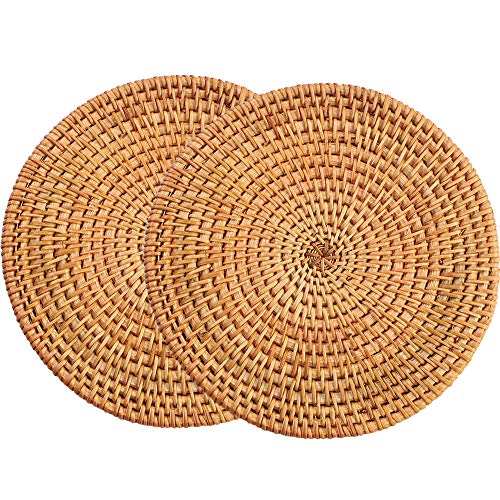 13' Natural Hand Woven Rattan Placemats for Dining Table,Decorative Heat Resistant Mats for Kitchen Coutertops,Hot Dishes,Pots and Pans,Round Diameter 35CM (Set of 2,Gold)