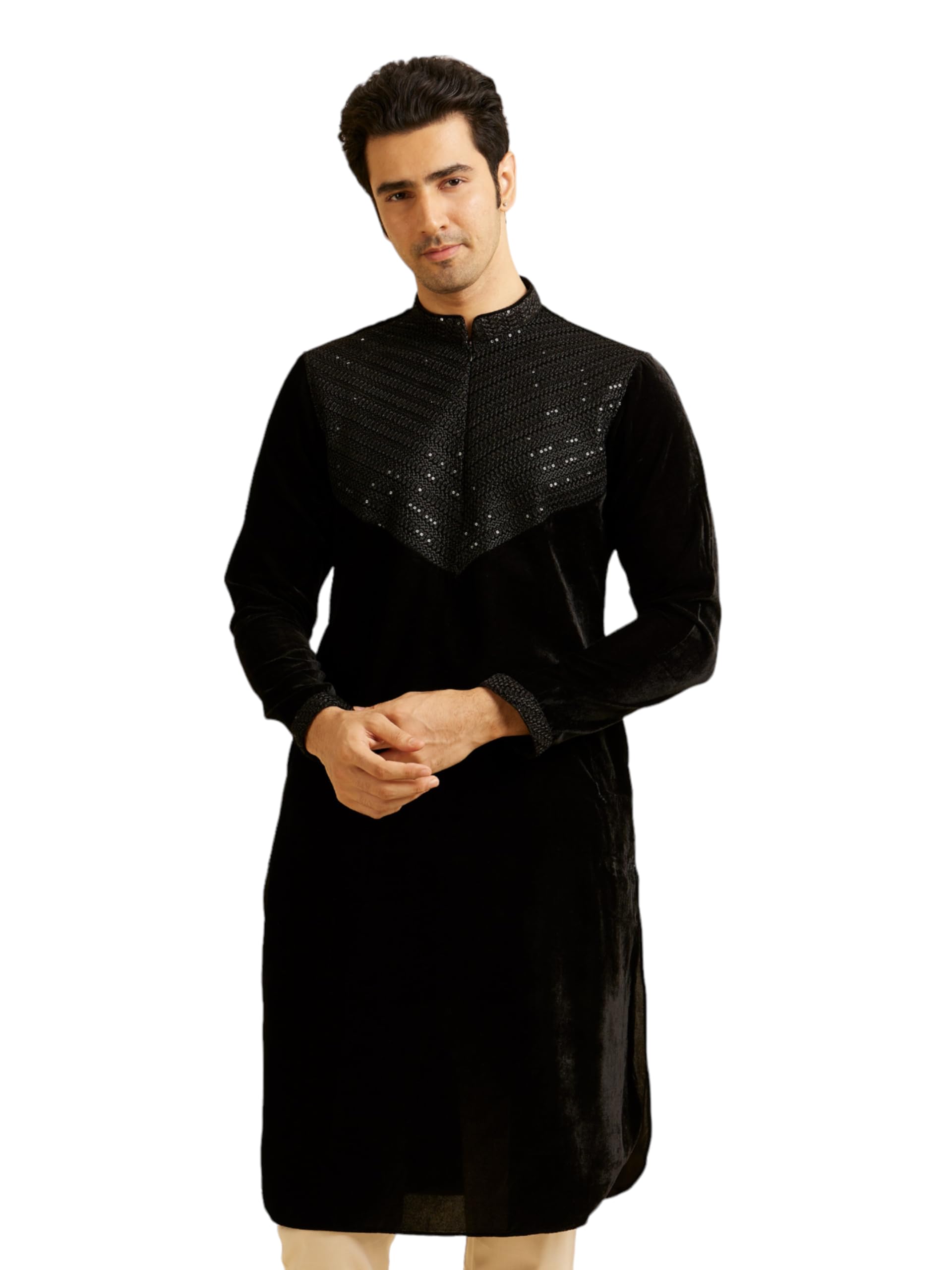 manyavar Men's Velvet Embroidered|Sequins Kurta Pyjama Set (2pcs)-picture-30