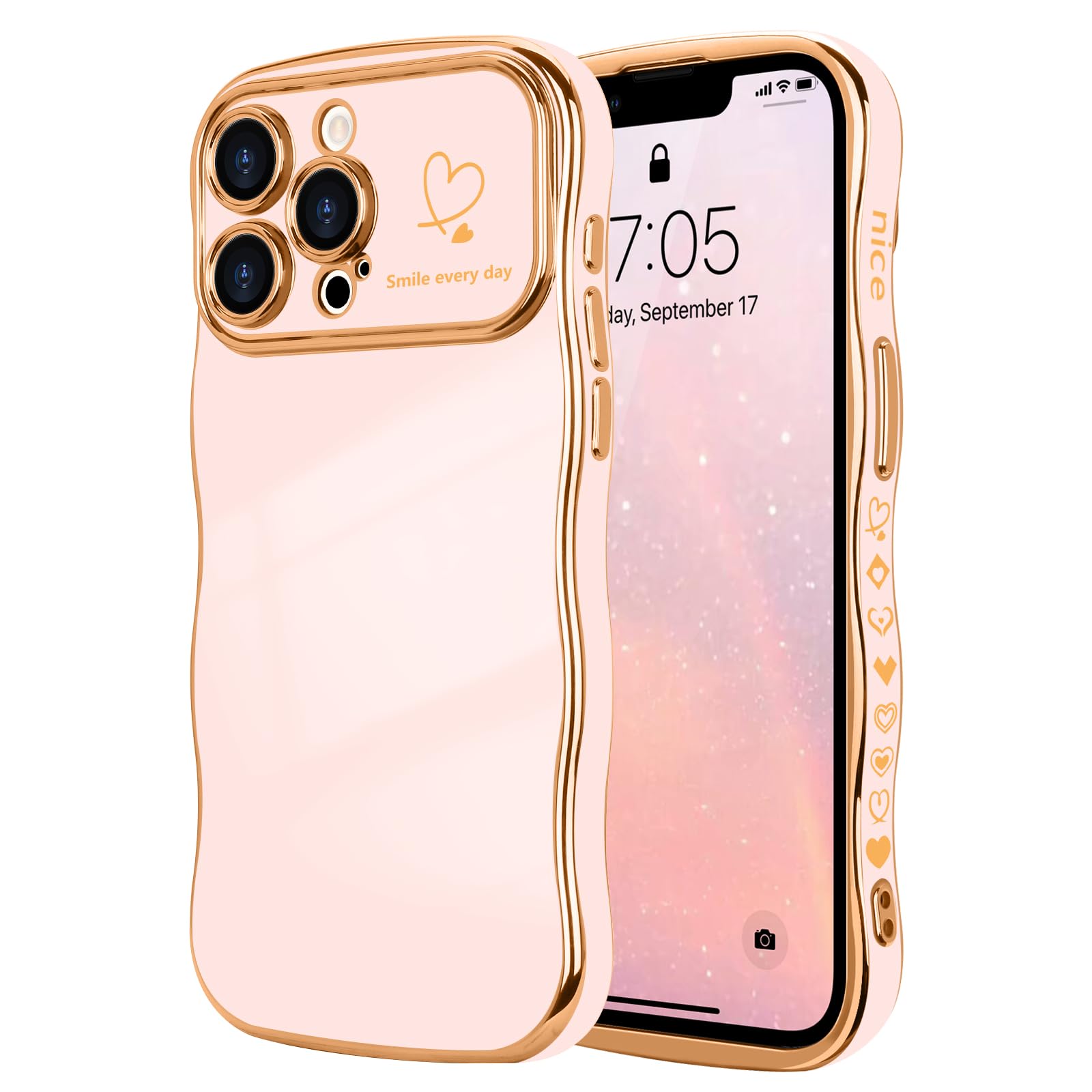 LCHULLE for iPhone 13 Pro Max Case for Women Girls,Cute Curly Wave Frame Shape Love Heart Pattern Phone Case,Raised Camera Protection Plating Shockproof Cover for iPhone 13 Pro Max 6.7",Nude Pink
