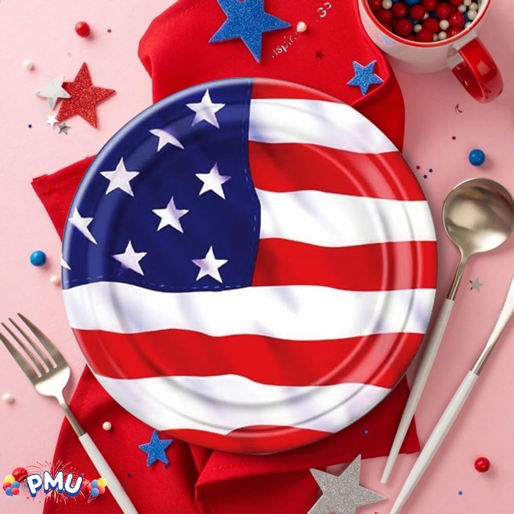 PMU Patriotic Stars and Stripes American Flag Plates 9-inch, 4th of July Decorations, Patriotic Party Tableware for Holidays, Decoration, Veterans, Election & Independence Day, (8/Pkg) Pkg/12