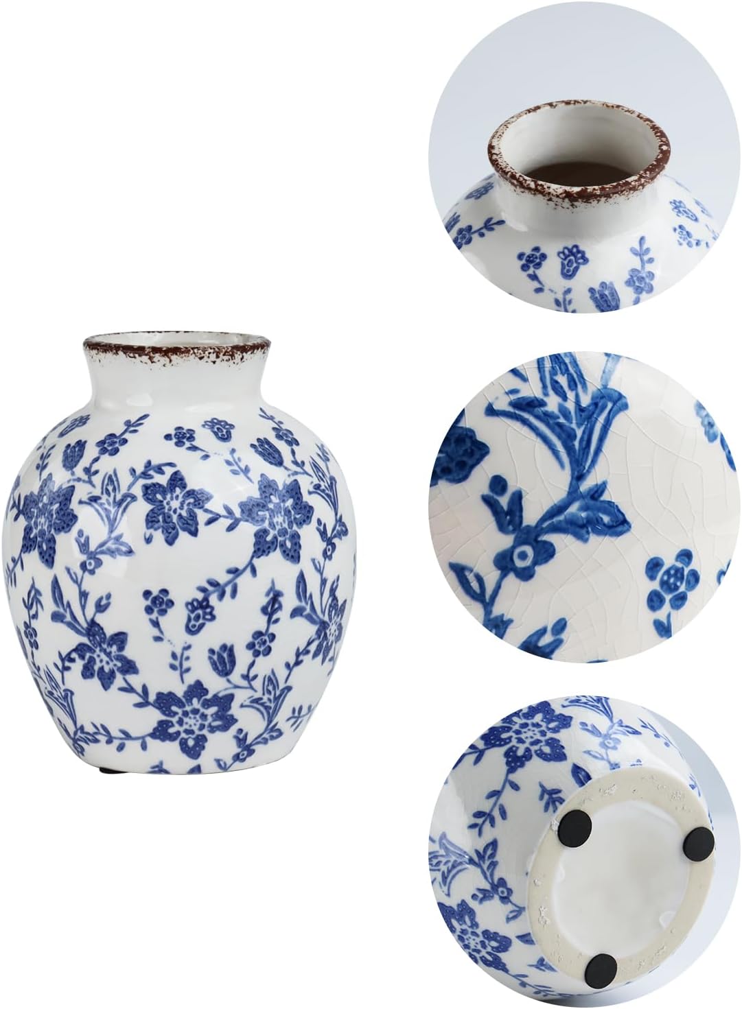 Blue and White Ceramic Vase – 6 Inch Small Chinoiserie Floral Vase with Crackle Glaze & Distressed Rim, Decorative Tabletop Vase for Kitchen Counter, Dining Table, Living Room & Shelf Decor - Image 3