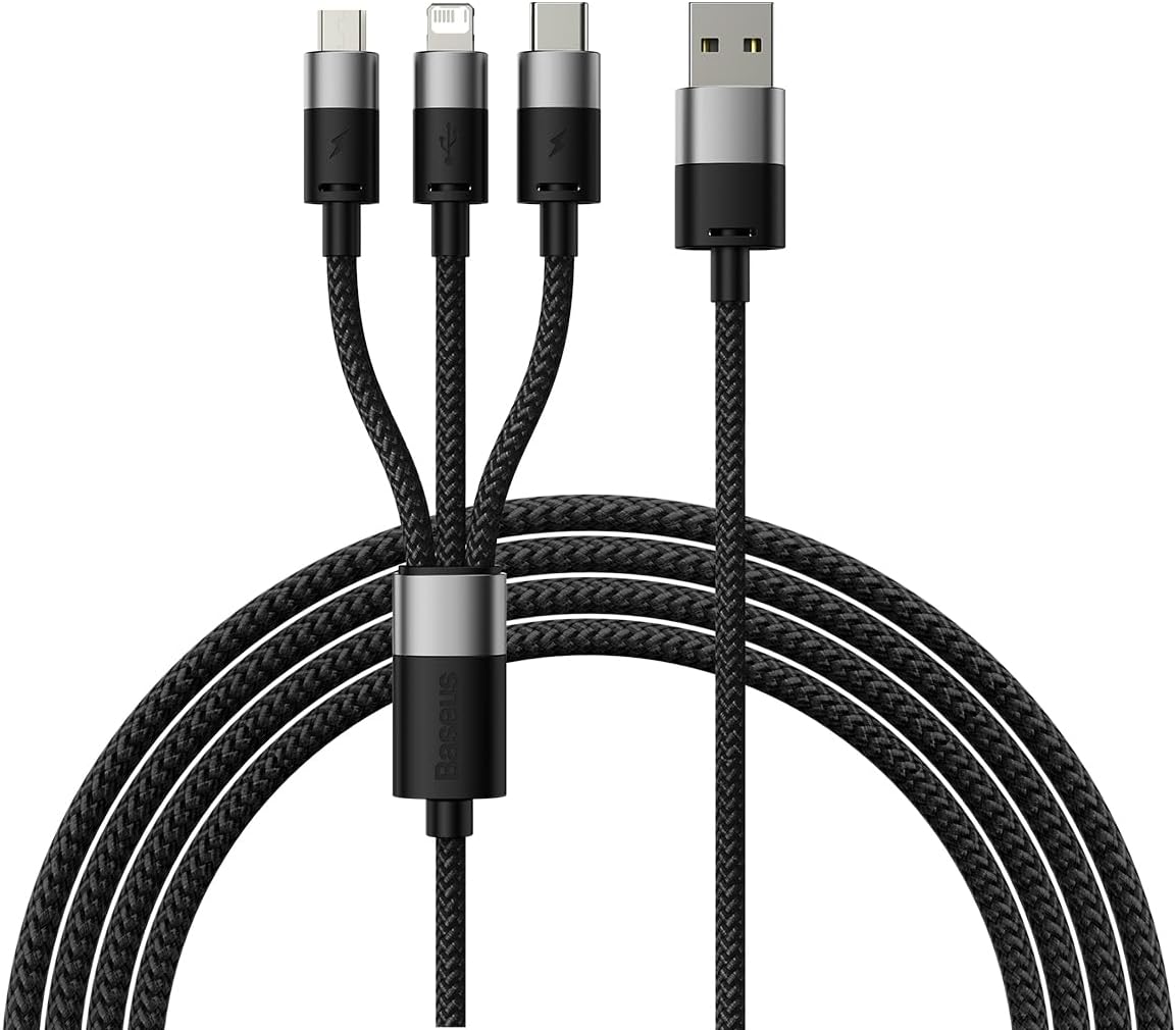 Baseus 3 in 1 USB Phone Charger Cables Starspeed 3.5A Fast Charging USB Type C Micro USB & USB to Lightning Cable For iPhone, Samsung, Oppo 1.2M Black