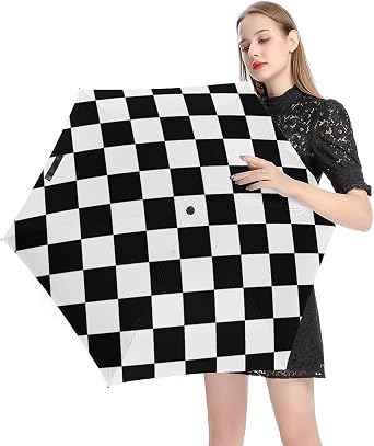 Checkerboard Black White Checkered Travel Umbrella Compact Lightweight Portable Mini Umbrellas Auto Open Close Button