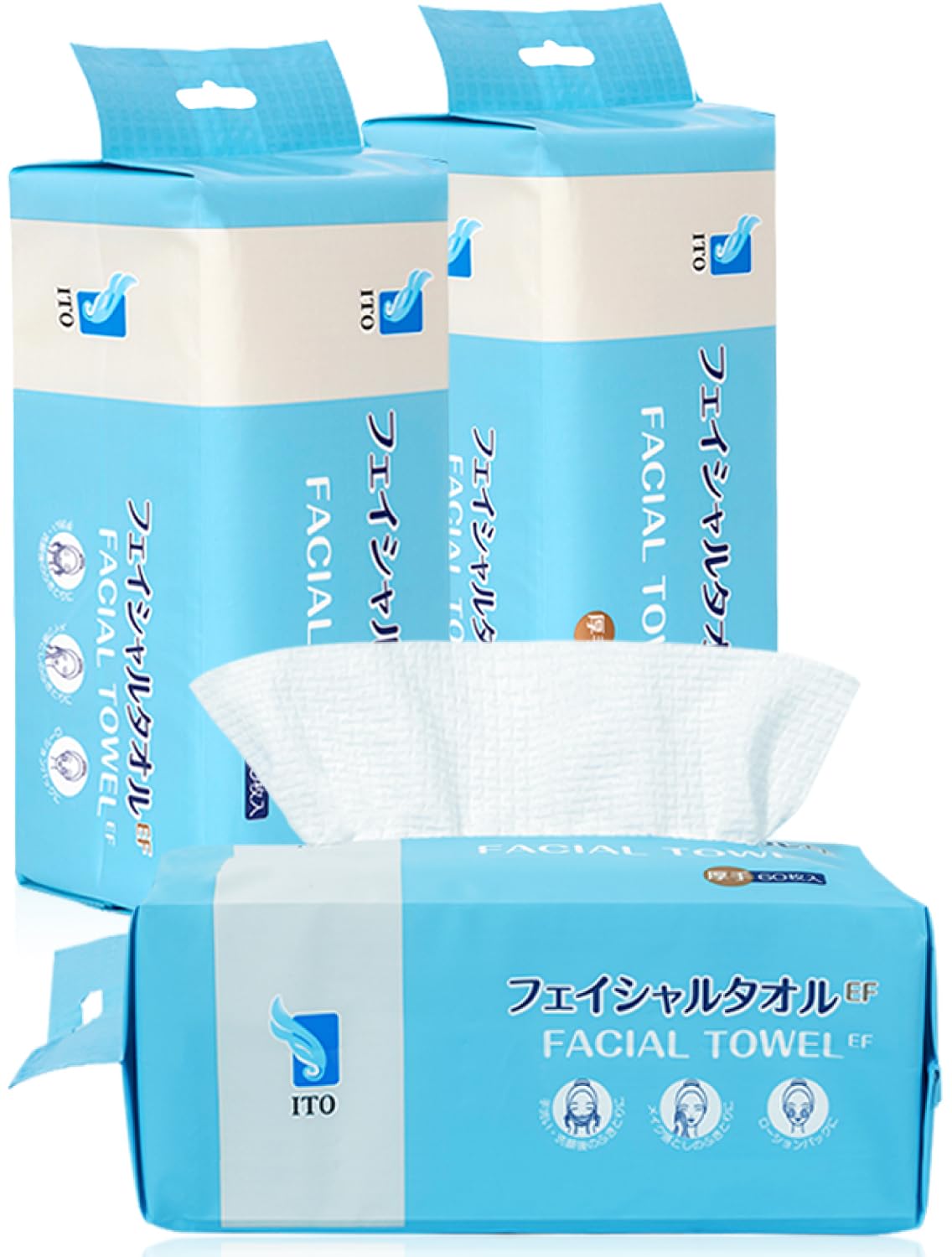 ITO Facial Towels EF, 3-Pack, Extra Thick, OEKO-TEX® Certified, Original EF Fabric, Cleansing Towel, Face Washing Towel, Face Care, Disposable, Cotton Puff, Skin Care Wipe, Soft, Gentle Absorption and