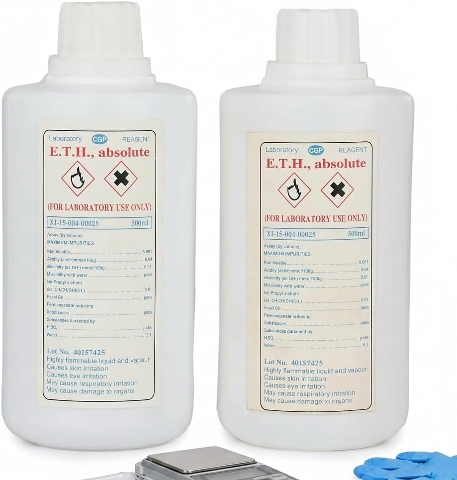 Pure Ethanol 99.99% - Ethyl Alcohol High Purity for Laboratory Use & Hand Sanitiser Making - 500ml Bottles (Pack of 2) - Absolute Grade