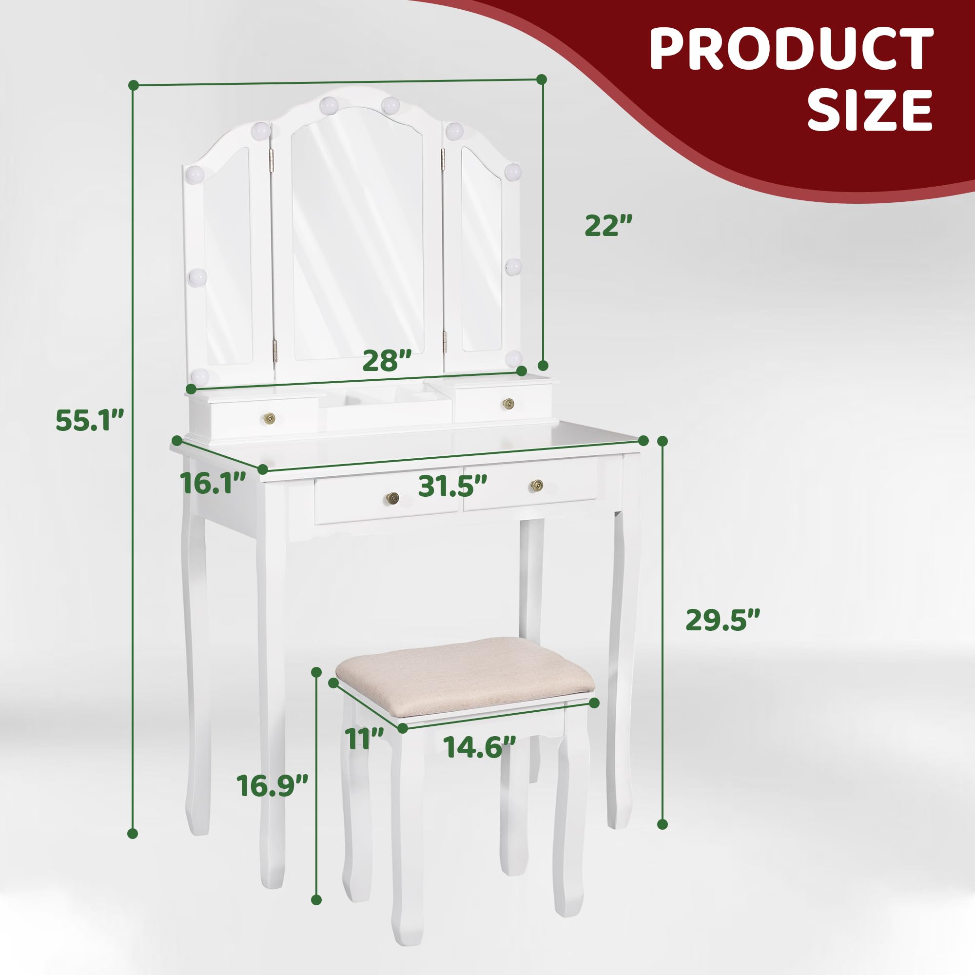 Makeup Vanity with Lights, Vanity Desk with Cushioned Stool, Tri-fold Vanity Table Set with 4 Drawers, 3 Adjustable Light Modes, 2 Brush Slots, 2 Open Compartments for Girls, Women, White