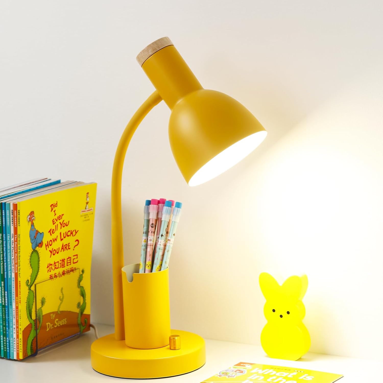 Desk Lamp,Kids Desk Lamp,Metal Desk Lamp,Table Lamp with Pen Holder,Adjustable tri-Color Kids Table Lamp,Desk Lamp for Home Office,Bedside lamp,Dorm lamp (Yellow)