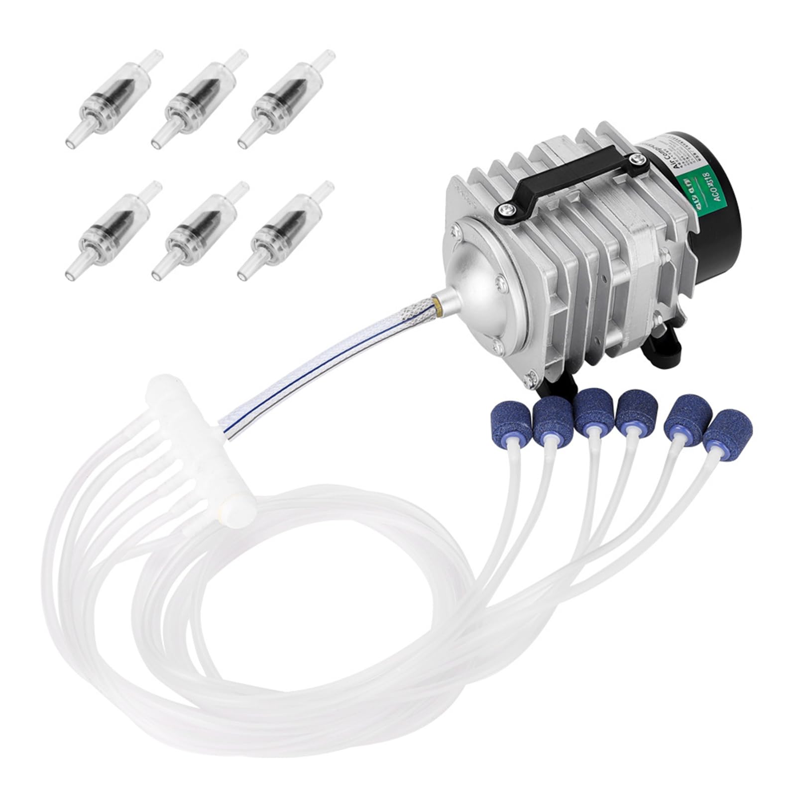 HAILEA ACO318 - Compresor de aire comercial (45 W, para acuario, estanque y hidroponía, con colector de 6 válvulas, manguera de 10 m, antiretorno piedras